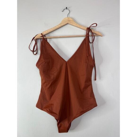 NEW Belle The Label Deep V Neck One-Piece Pull On Tie Strap  Swimsuit Brown XL - Picture 2 of 8